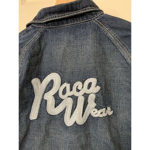Vintage ROCA WEAR Men’s Sz XL DENIM Blue Medium WASH JACKET COAT Embroid…